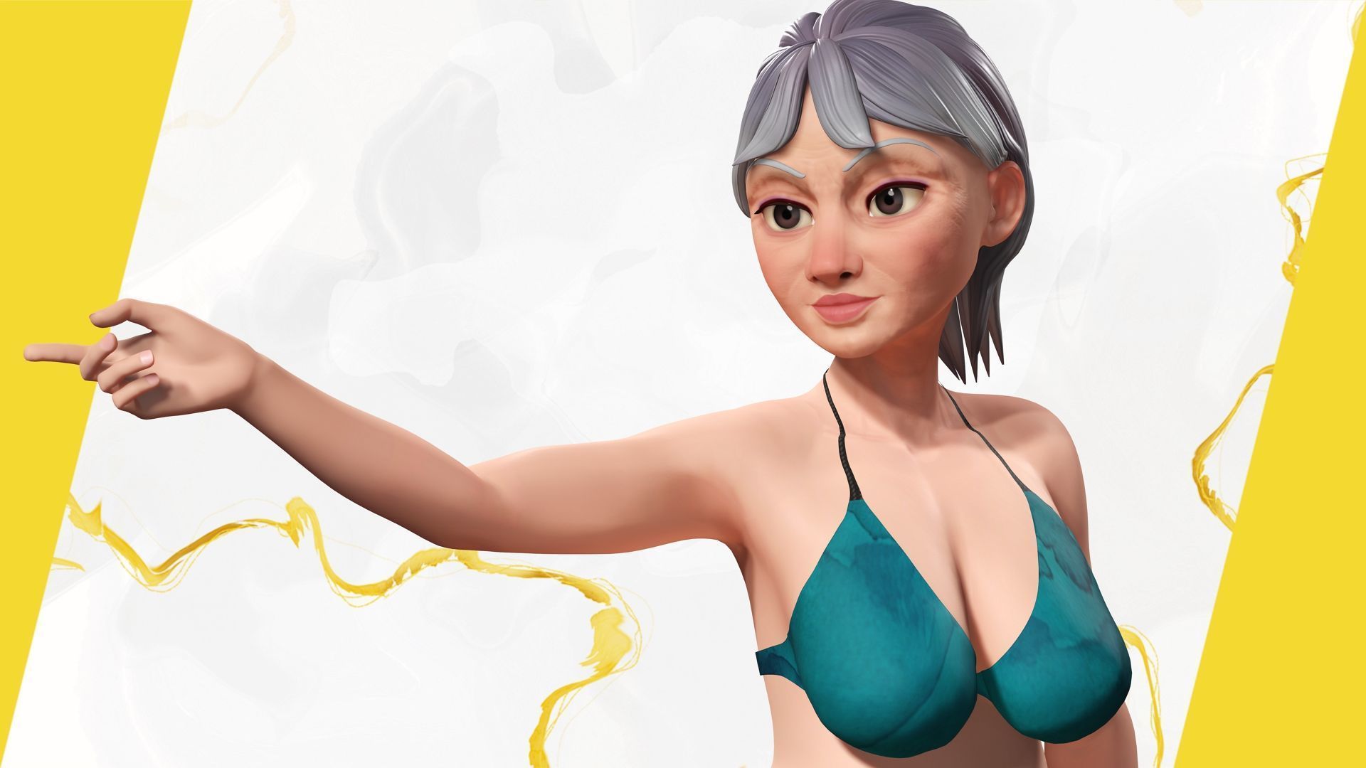 Curvy old lady character in swimsuit bikini Low-poly 3D model_12