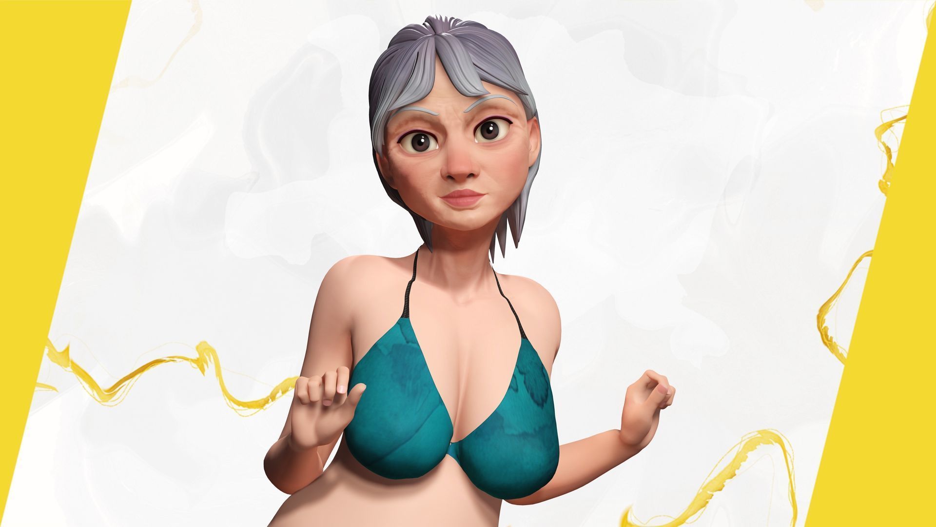 Curvy old lady character in swimsuit bikini Low-poly 3D model_7