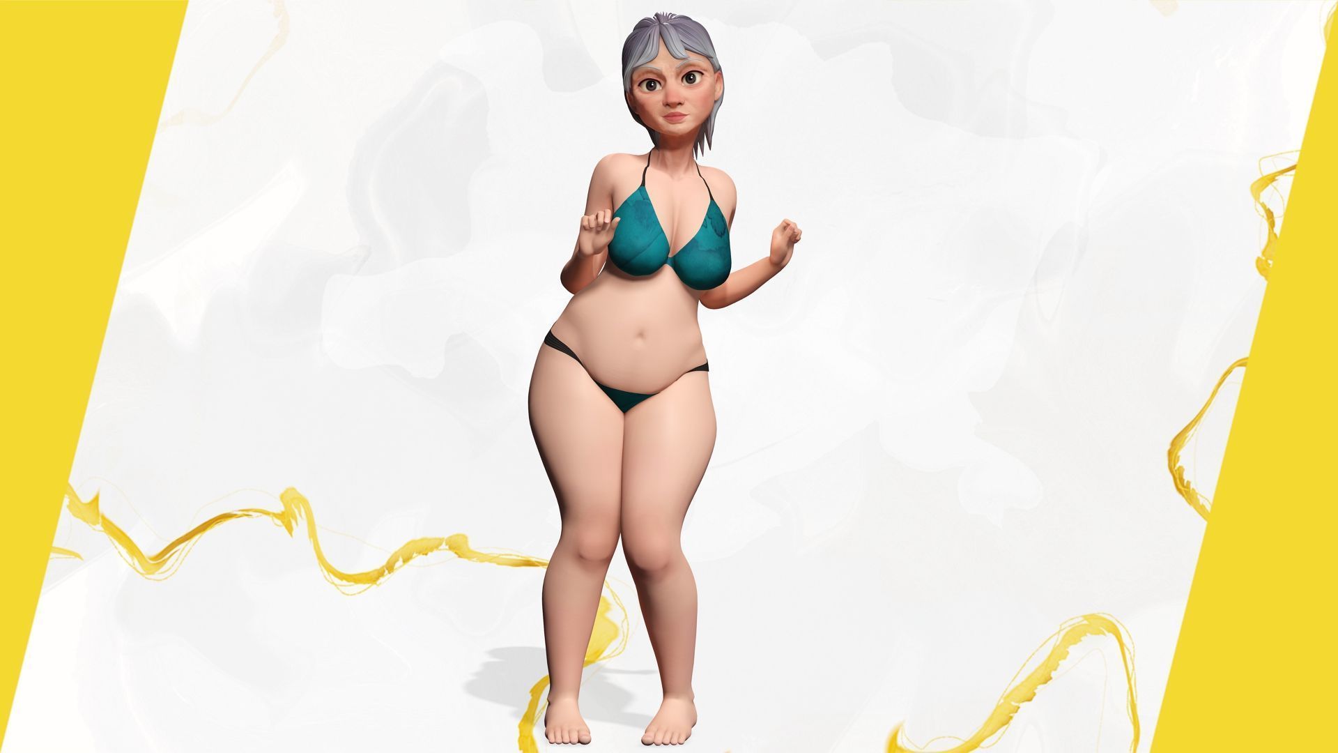 Curvy old lady character in swimsuit bikini Low-poly 3D model_8