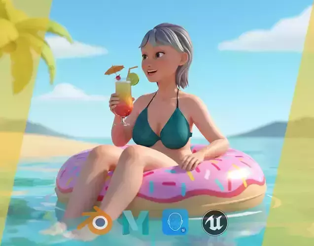Curvy old lady character in swimsuit