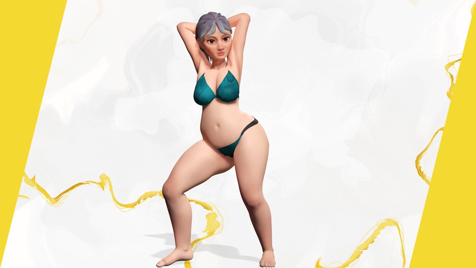 Curvy old lady character in swimsuit bikini Low-poly 3D model_13