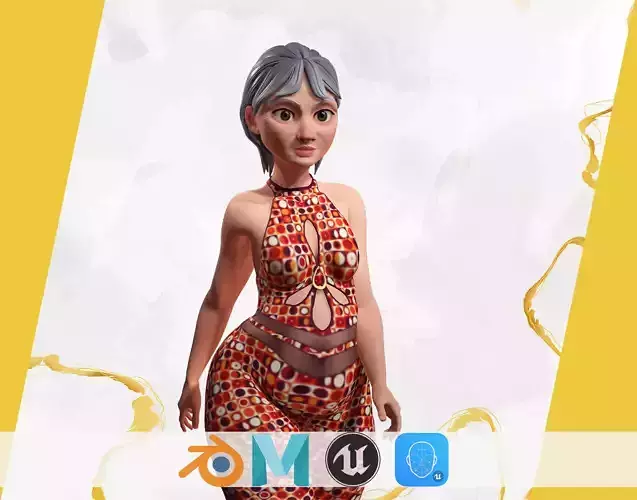 Stylized Elderly Woman in Retro Outfit Low-poly 3D model