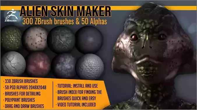 Alien Skin Maker 300 ZBrush brushes and 50 Alphas Texture