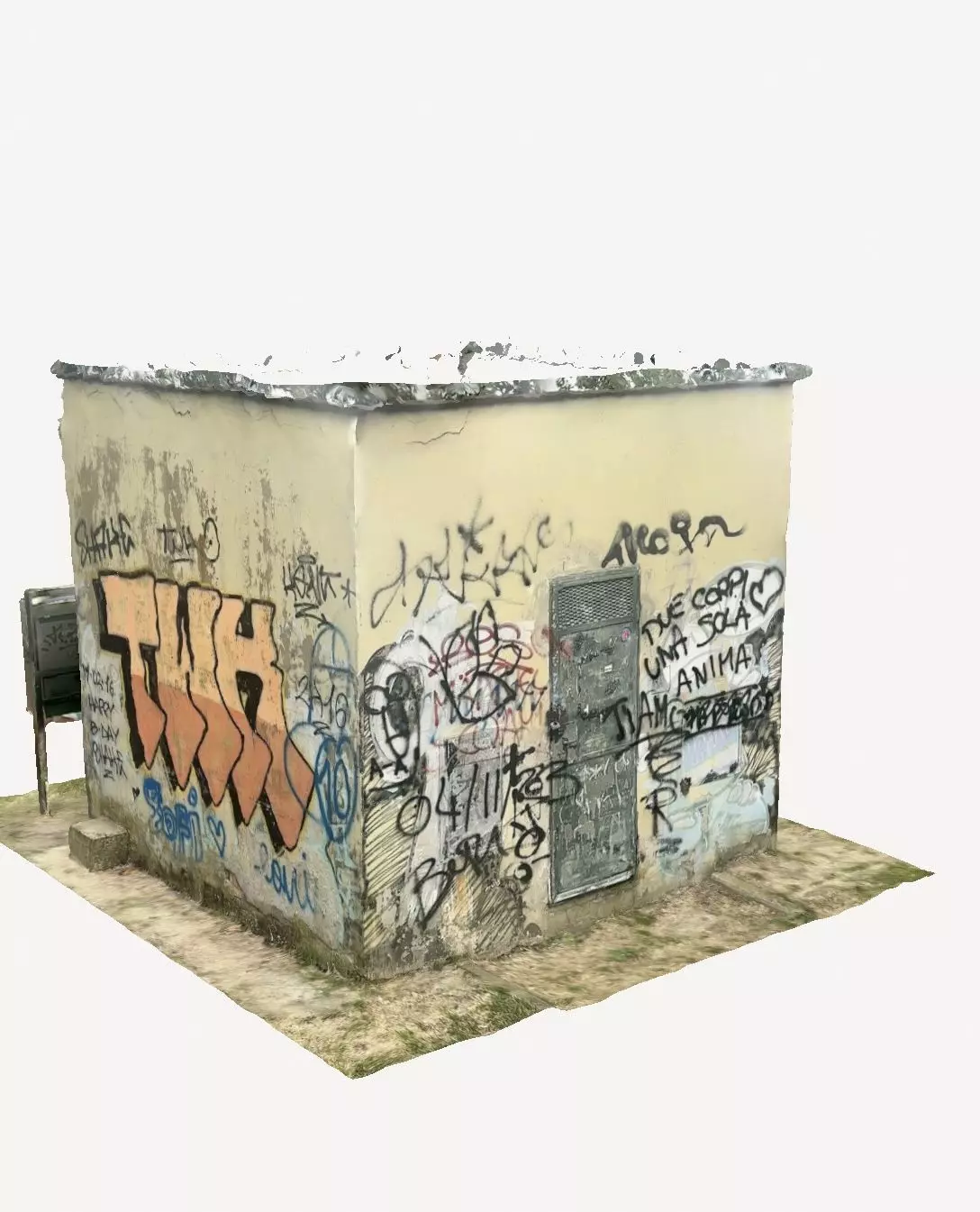 prefabricated concrete building box with graffiti 3D model_0