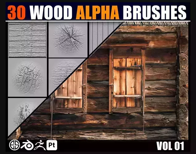 30 Packs of Alpha Wood Brushes For Blender And ZBrush - Vol 01