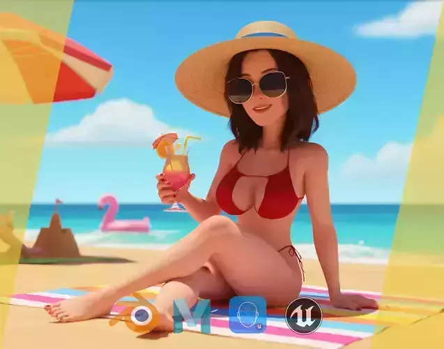 Stylized Cartoon Woman in Swimsuit