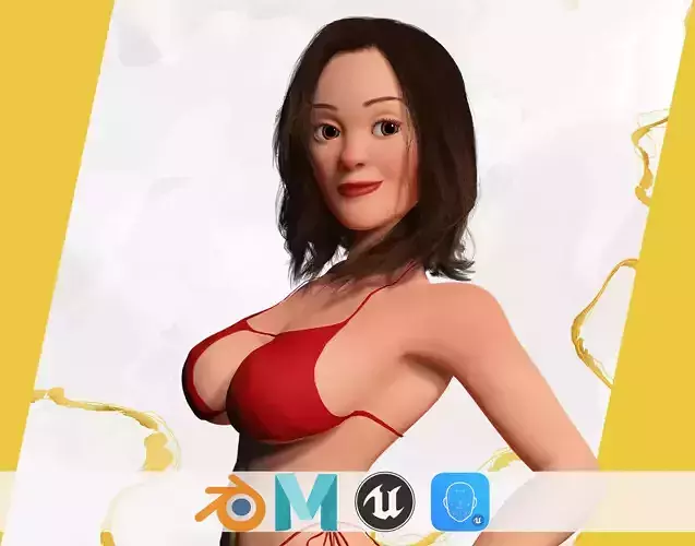 Stylized Cartoon Woman in Swimsuit Low-poly 3D model
