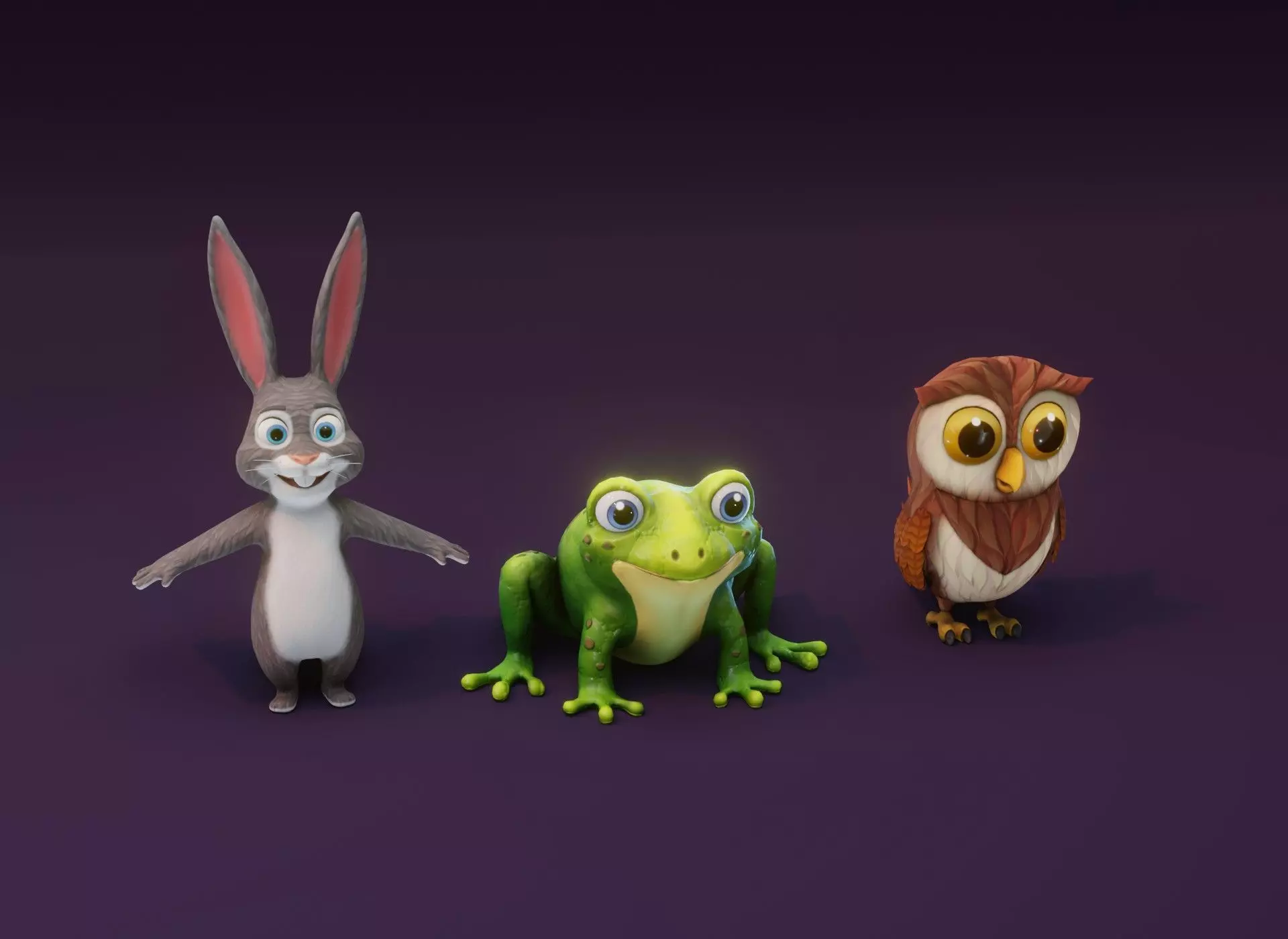 Cartoon Animated Frog Rabbit and Owl 3D Model Collection Low-poly 3D model_0