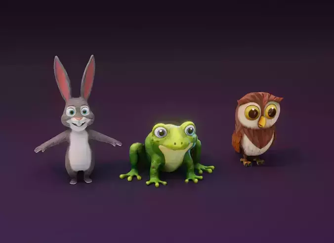 Cartoon Animated Frog Rabbit and Owl 3D Model Collection