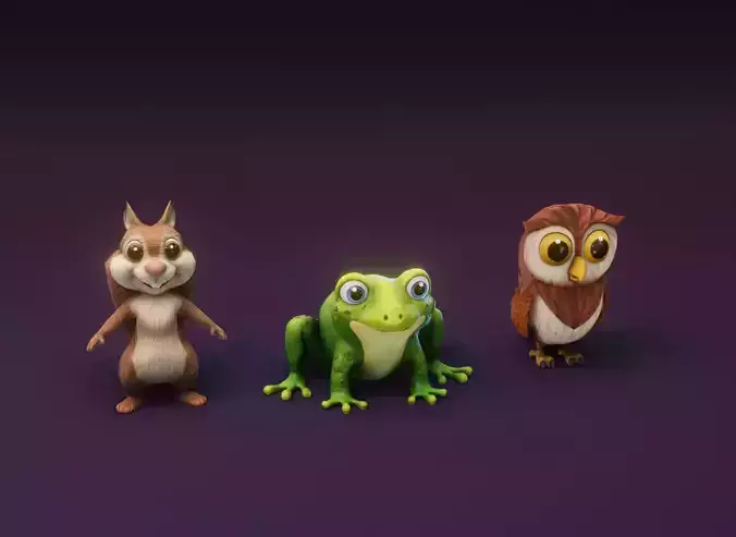 Cartoon Animated Frog Squirrel and Owl 3D Model Collection