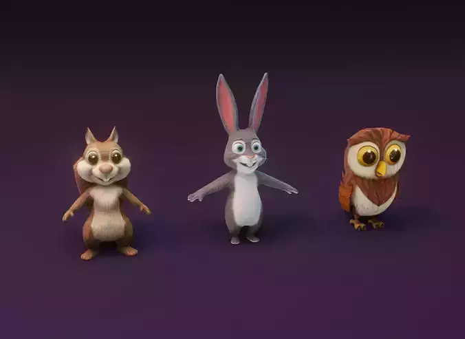 Cartoon Animated Squirrel Rabbit and Owl 3D Model Collection