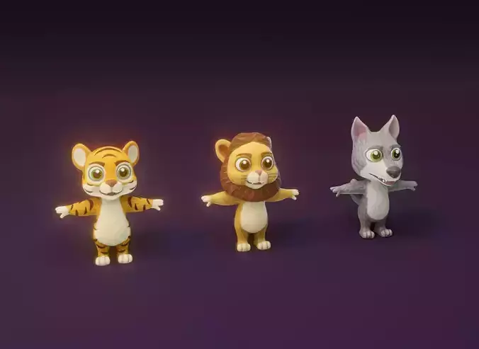 Cartoon Animated Tiger Lion and Wolf 3D Model Collection
