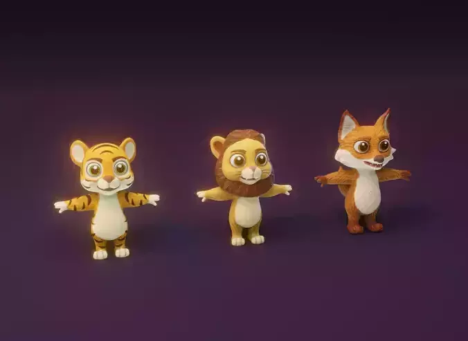 Cartoon Animated Tiger Lion and Fox 3D Model Collection Low-poly 3D model