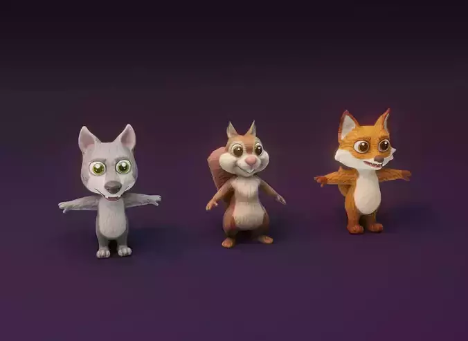 Cartoon Animated Wolf Fox and Squirrel 3D Model Collection Low-poly 3D model