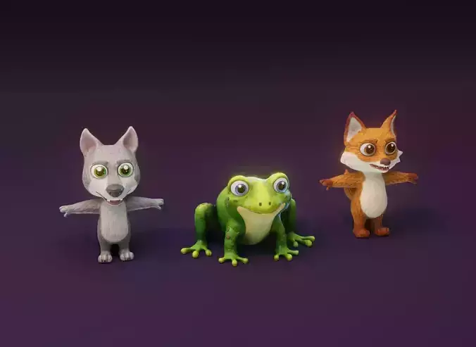 Cartoon Animated Wolf Fox and Frog 3D Model Collection Low-poly 3D model