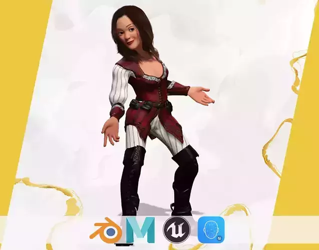 pirate Stylized Female Hero Medieval Warrior in Fantasy Costume Low-poly 3D model