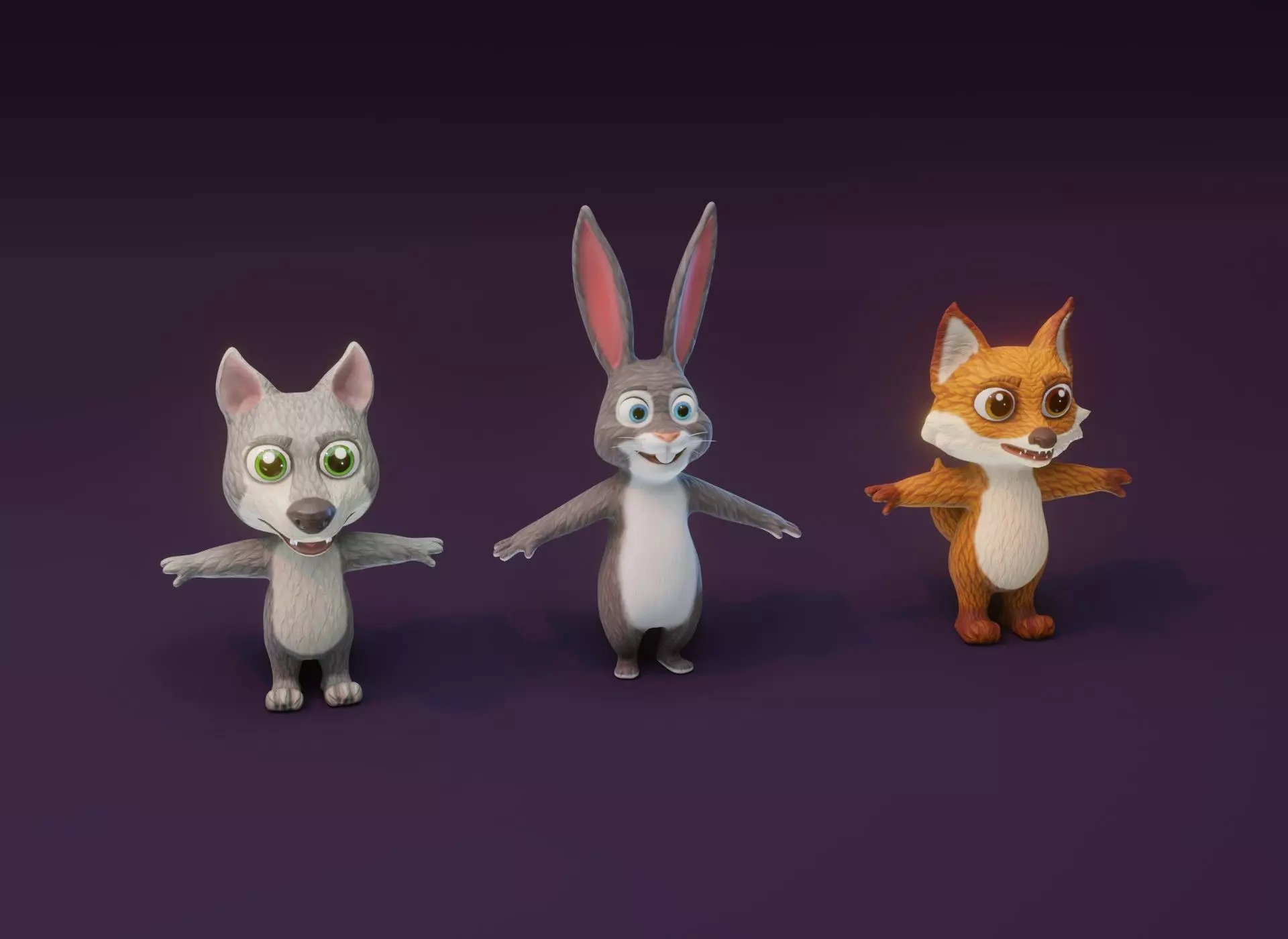 Cartoon Animated Wolf Fox and Rabbit 3D Model Collection Low-poly 3D model_0