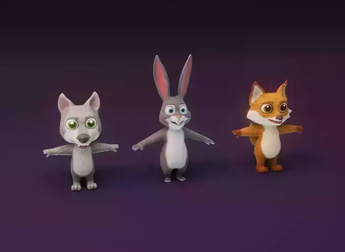 Cartoon Animated Wolf Fox and Rabbit 3D Model Collection Low-poly 3D model