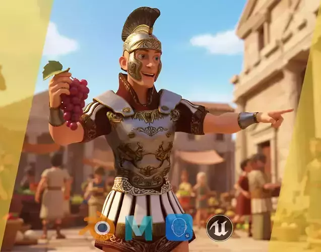 Cartoon Roman soldier in armor with battle outfit