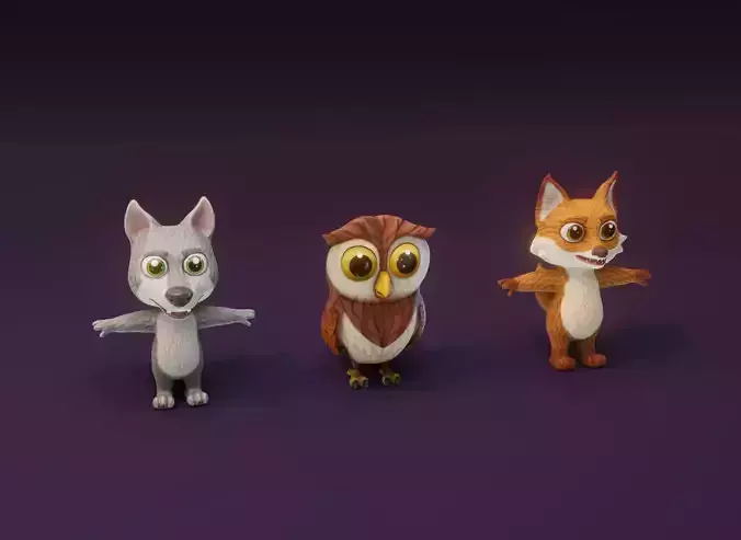 Cartoon Animated Owl Wolf and Fox 3D Model Collection Low-poly 3D model