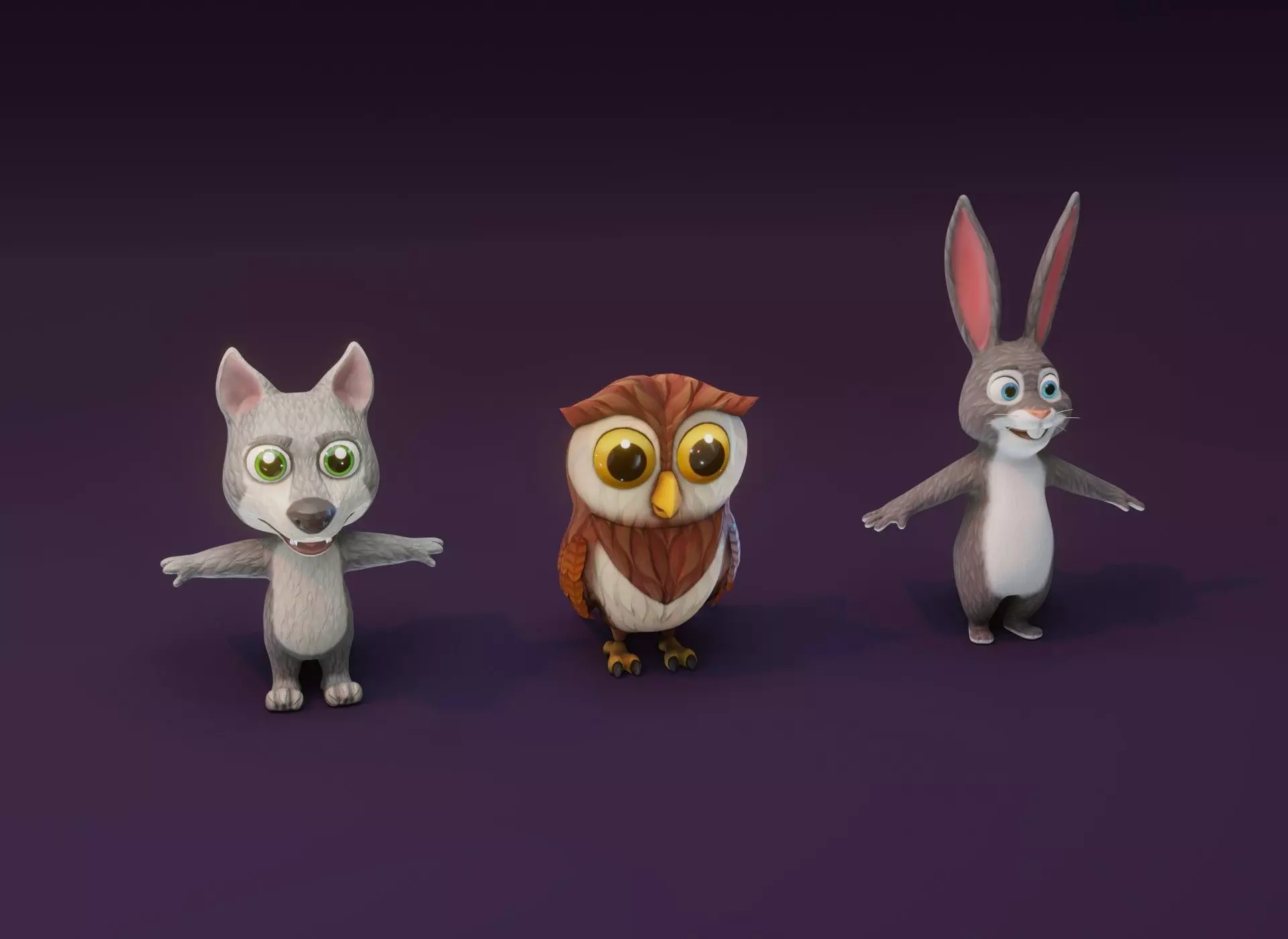 Cartoon Animated Owl Wolf and Rabbit 3D Model Collection Low-poly 3D model_0