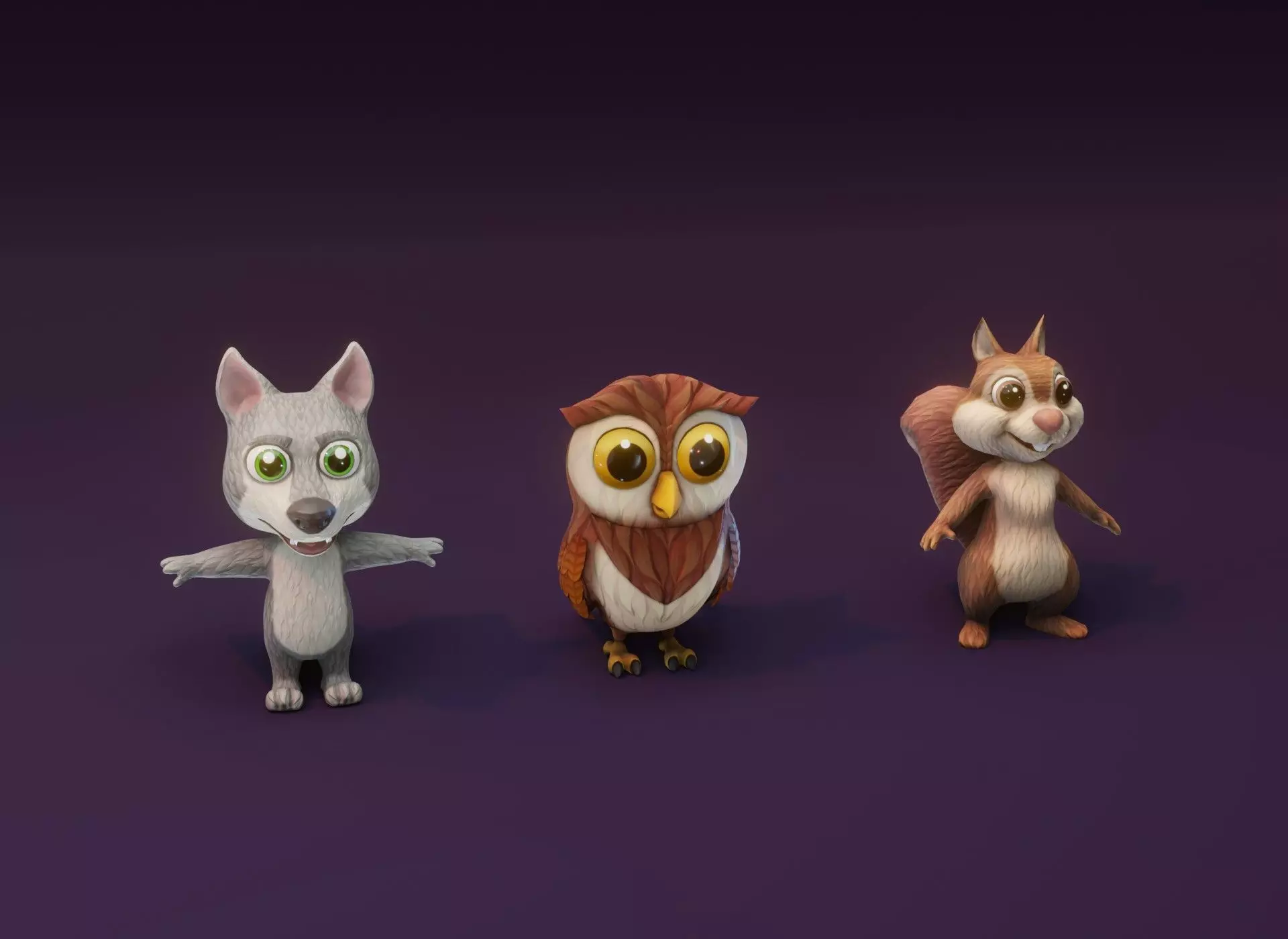 Cartoon Animated Owl Wolf and Squirrel 3D Model Collection Low-poly 3D model_0
