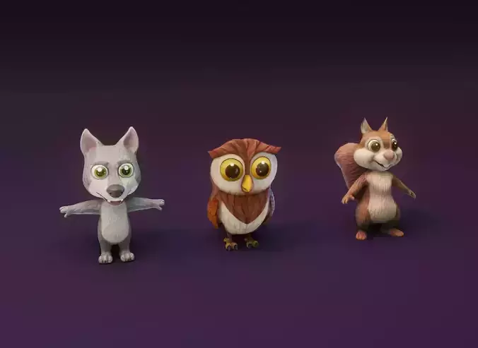 Cartoon Animated Owl Wolf and Squirrel 3D Model Collection
