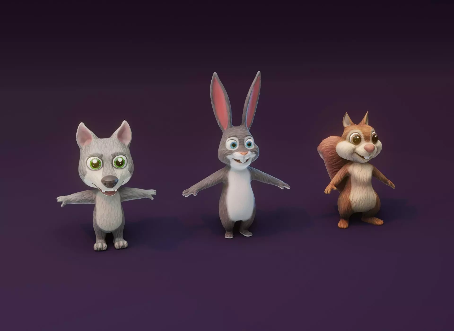 Cartoon Animated Wolf Rabbit and Squirrel 3D Model Collection Low-poly 3D model_0