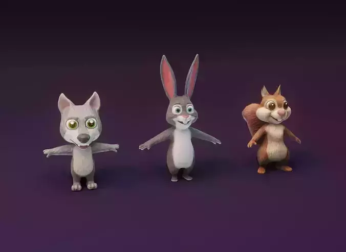 Cartoon Animated Wolf Rabbit and Squirrel 3D Model Collection Low-poly 3D model