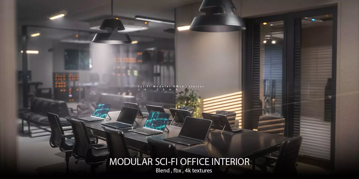 Modular Sci-fi office interior Low-poly 3D model_0