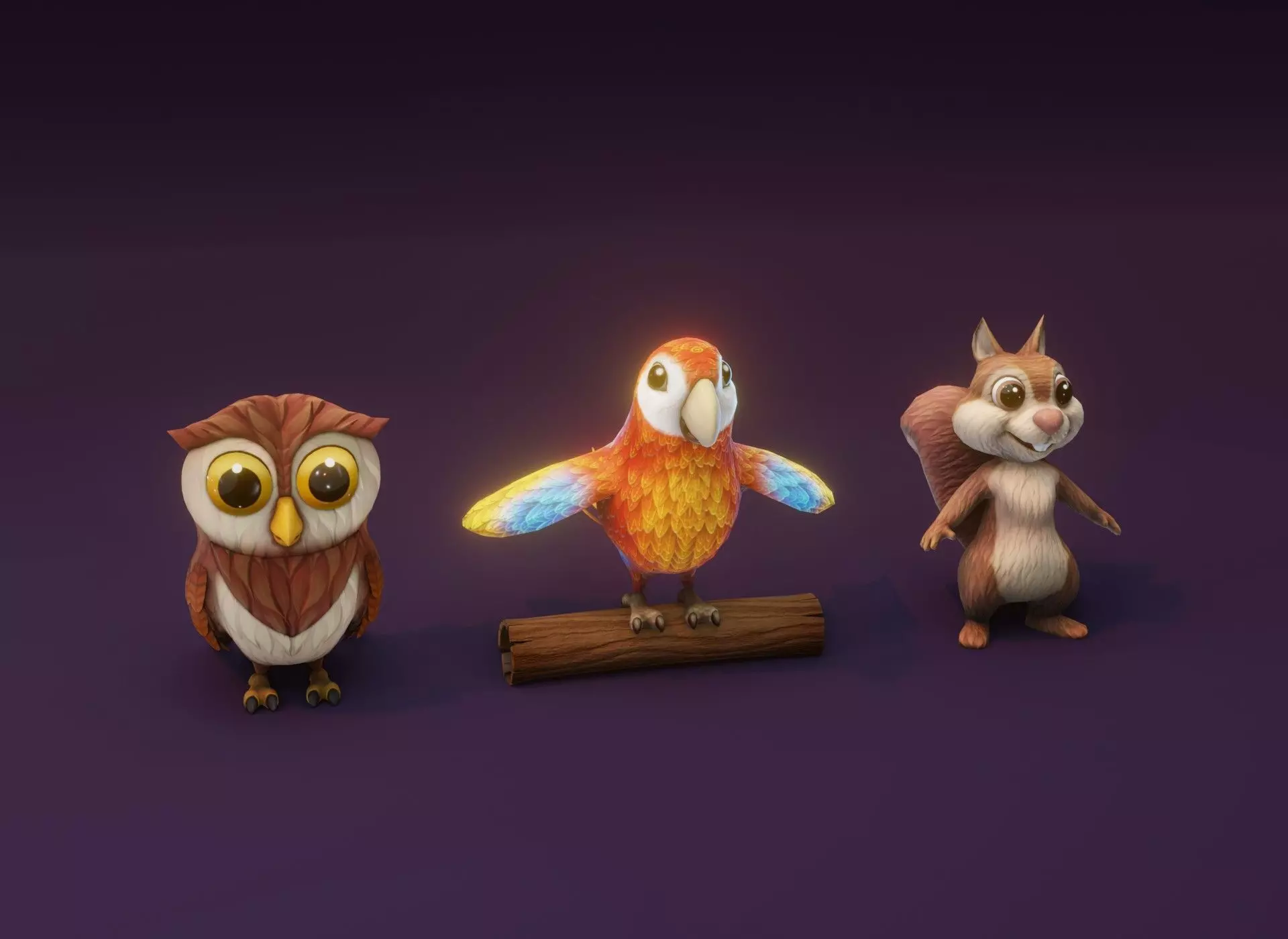 Cartoon Animated Ara Parrot Owl and Squirrel 3D Model Collection Low-poly 3D model_0