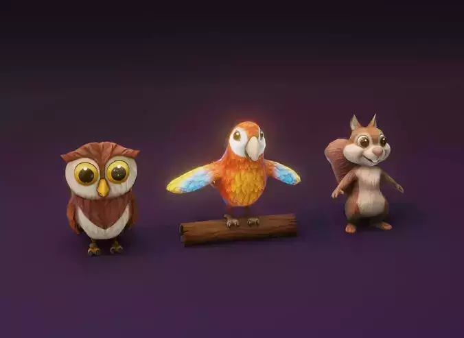 Cartoon Animated Ara Parrot Owl and Squirrel 3D Model Collection Low-poly 3D model