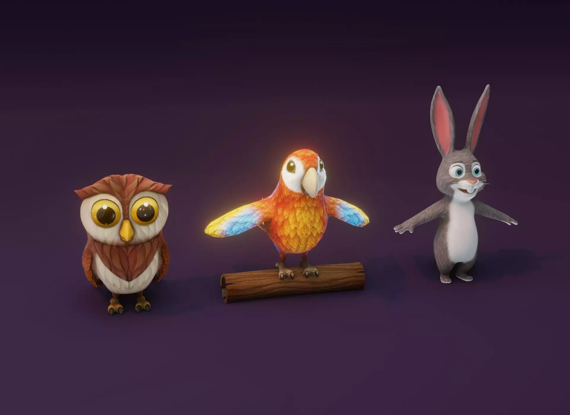 Cartoon Animated Ara Parrot Owl and Rabbit 3D Model Collection Low-poly 3D model_0