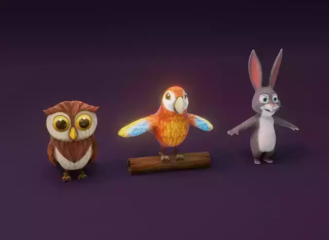 Cartoon Animated Ara Parrot Owl and Rabbit 3D Model Collection Low-poly 3D model
