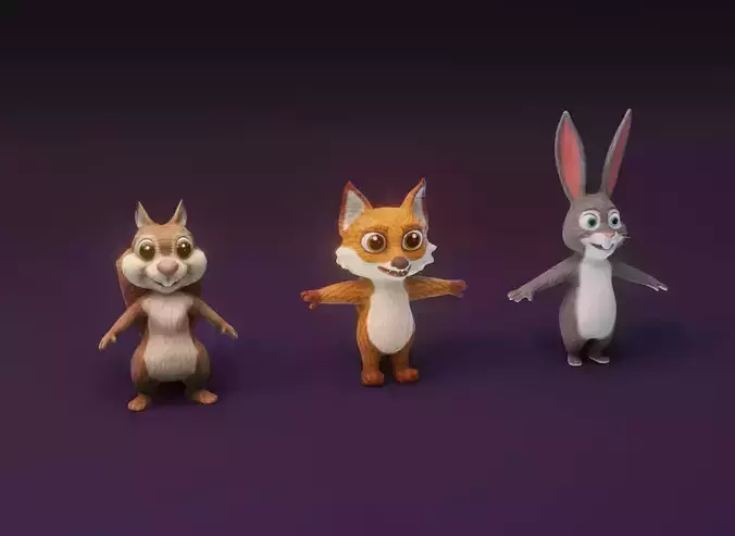 Cartoon Animated Squirrel Rabbit and Fox 3D Model Collection Low-poly 3D model
