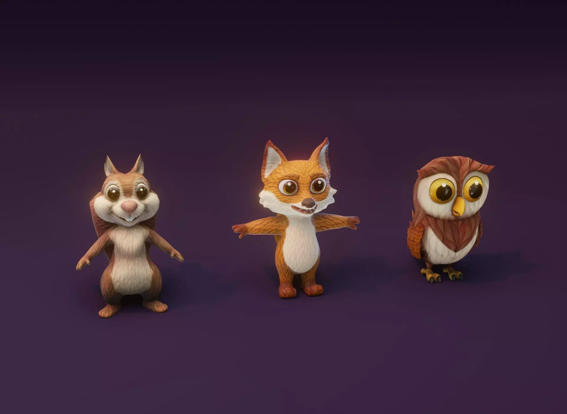 Cartoon Animated Squirrel Owl and Fox 3D Model Collection Low-poly 3D model_0