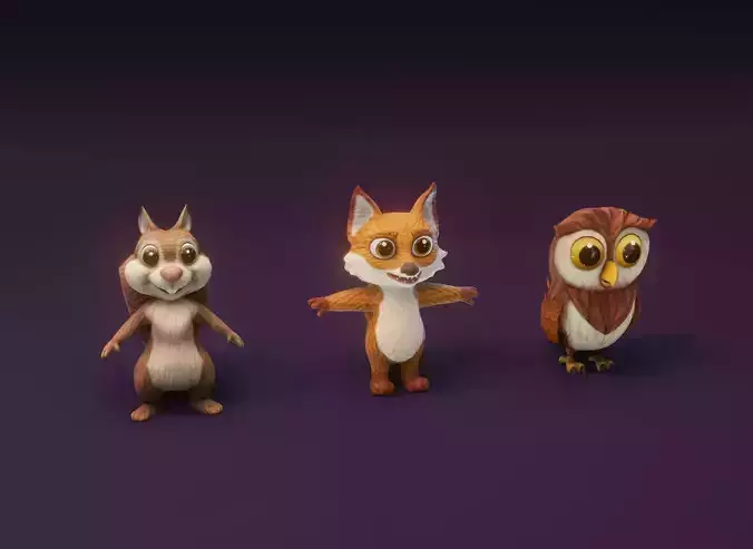 Cartoon Animated Squirrel Owl and Fox 3D Model Collection Low-poly 3D model