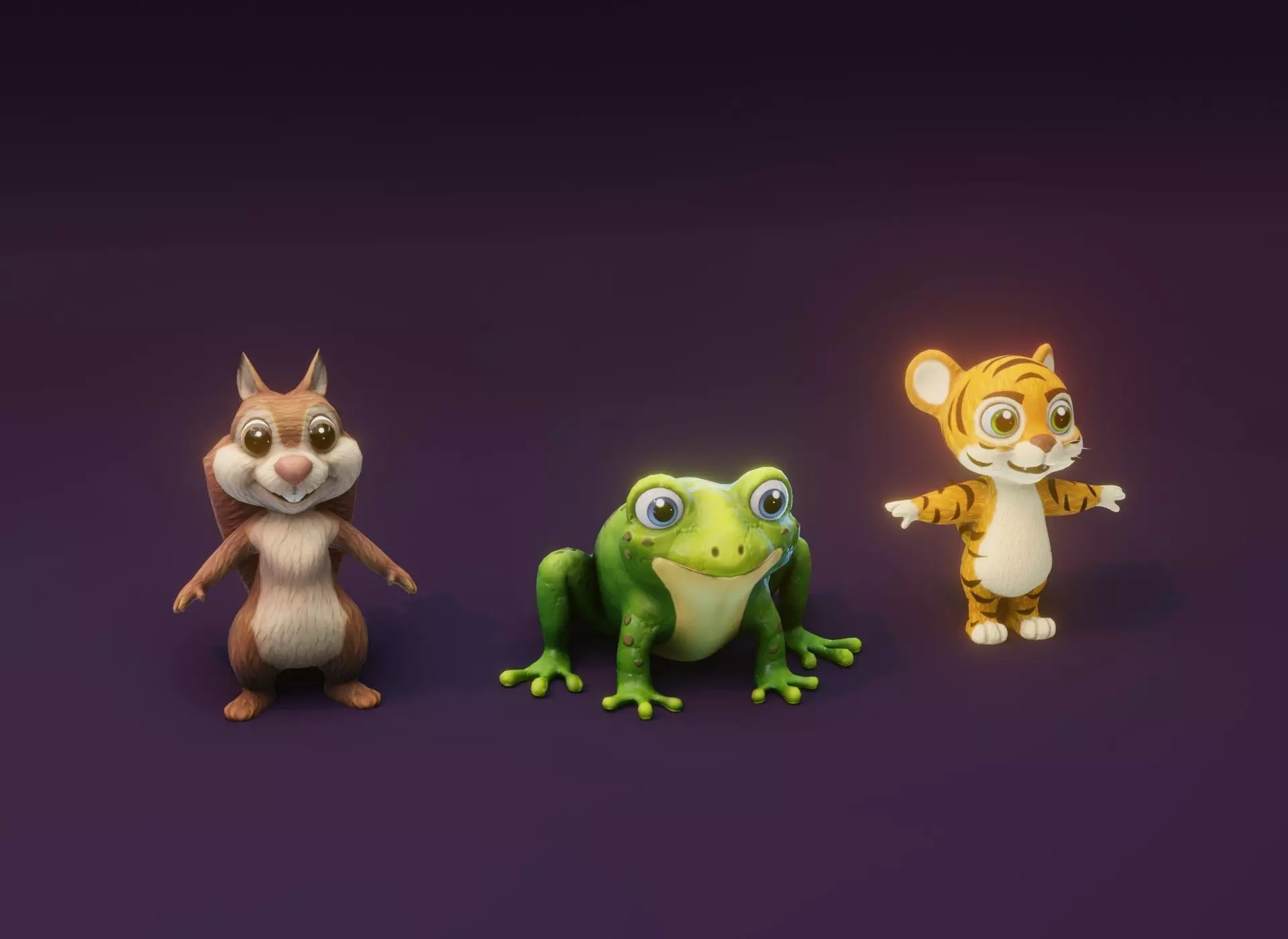 Cartoon Animated Frog Tiger and Squirrel 3D Model Collection Low-poly 3D model_0