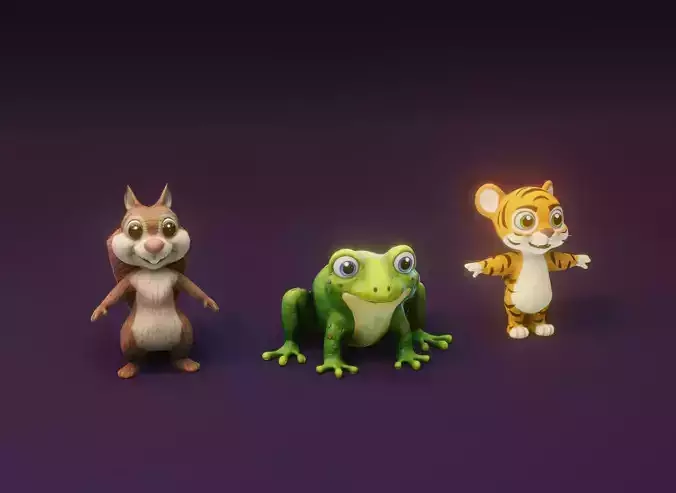 Cartoon Animated Frog Tiger and Squirrel 3D Model Collection