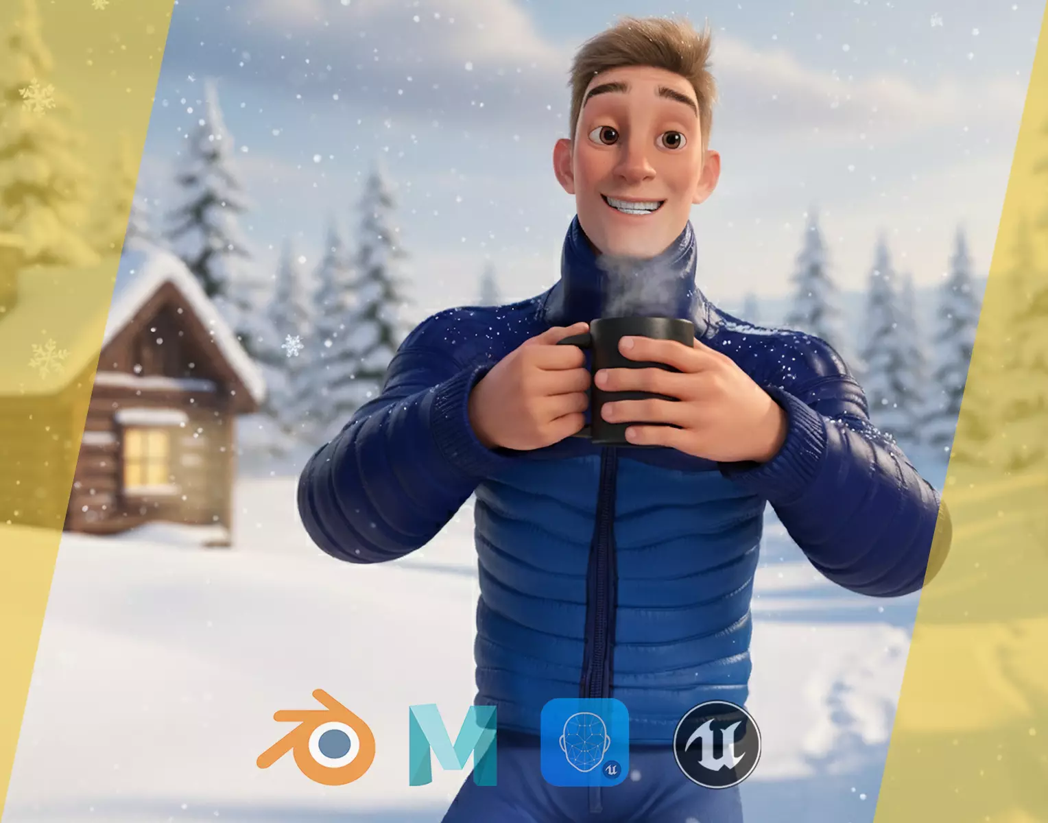 Stylized Man in blue winter jacket Low-poly 3D model_0