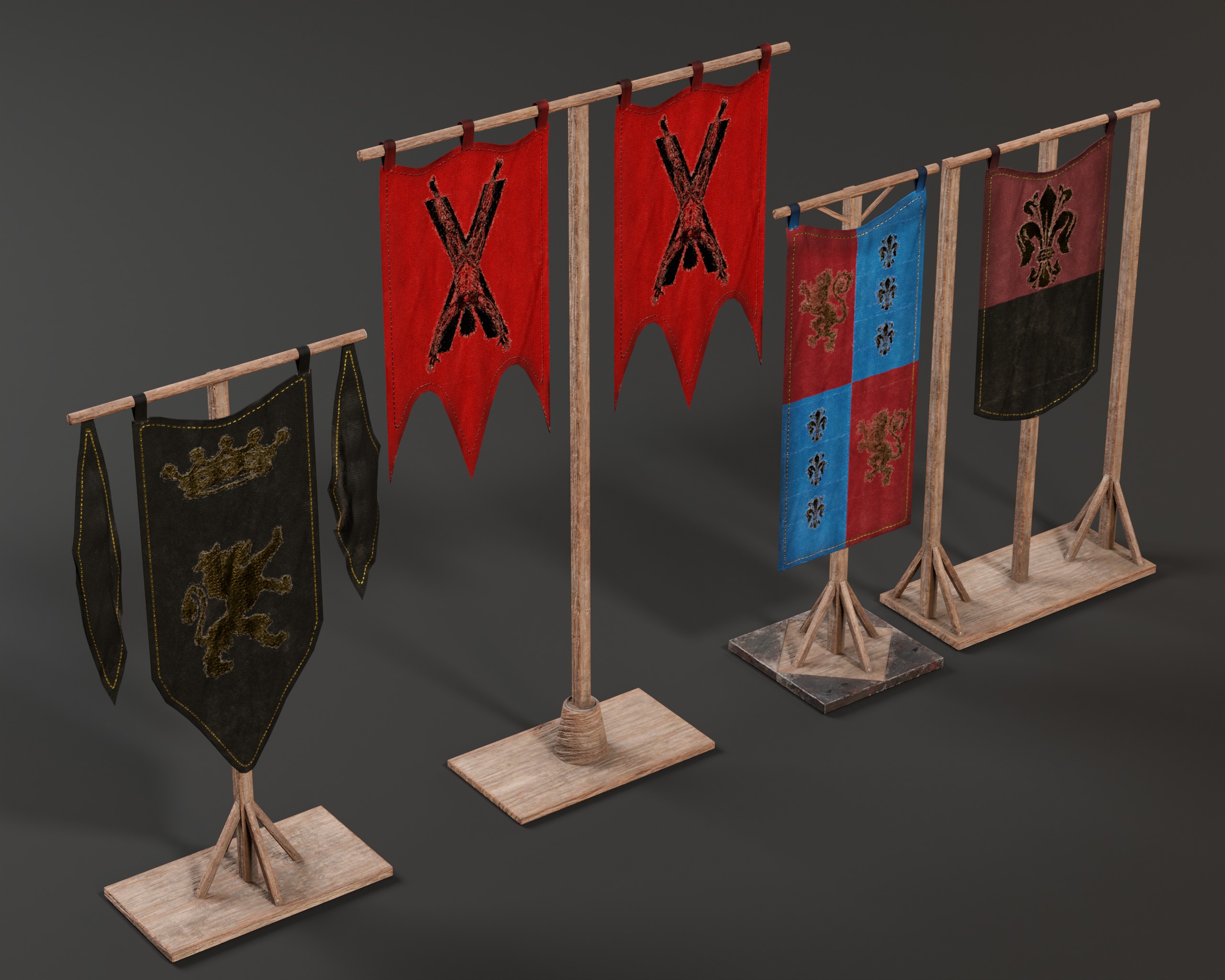 Medieval Wooden Banners Low-poly 3D model_6