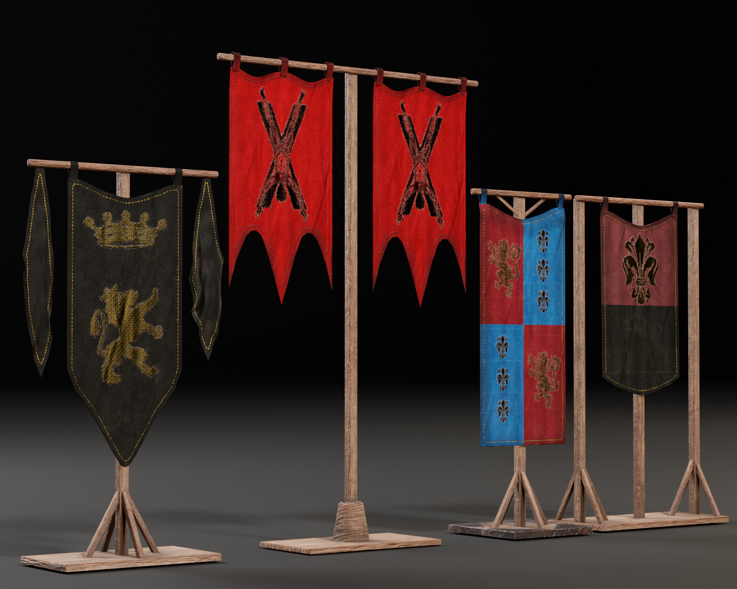 Medieval Wooden Banners Low-poly 3D model_4