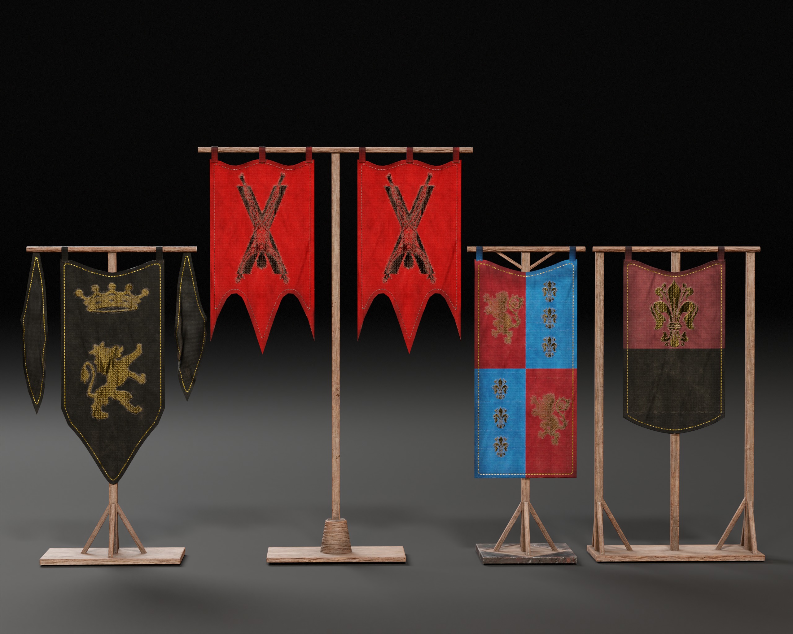 Medieval Wooden Banners Low-poly 3D model_2