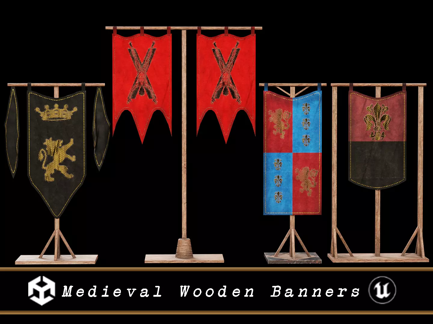 Medieval Wooden Banners Low-poly 3D model_0