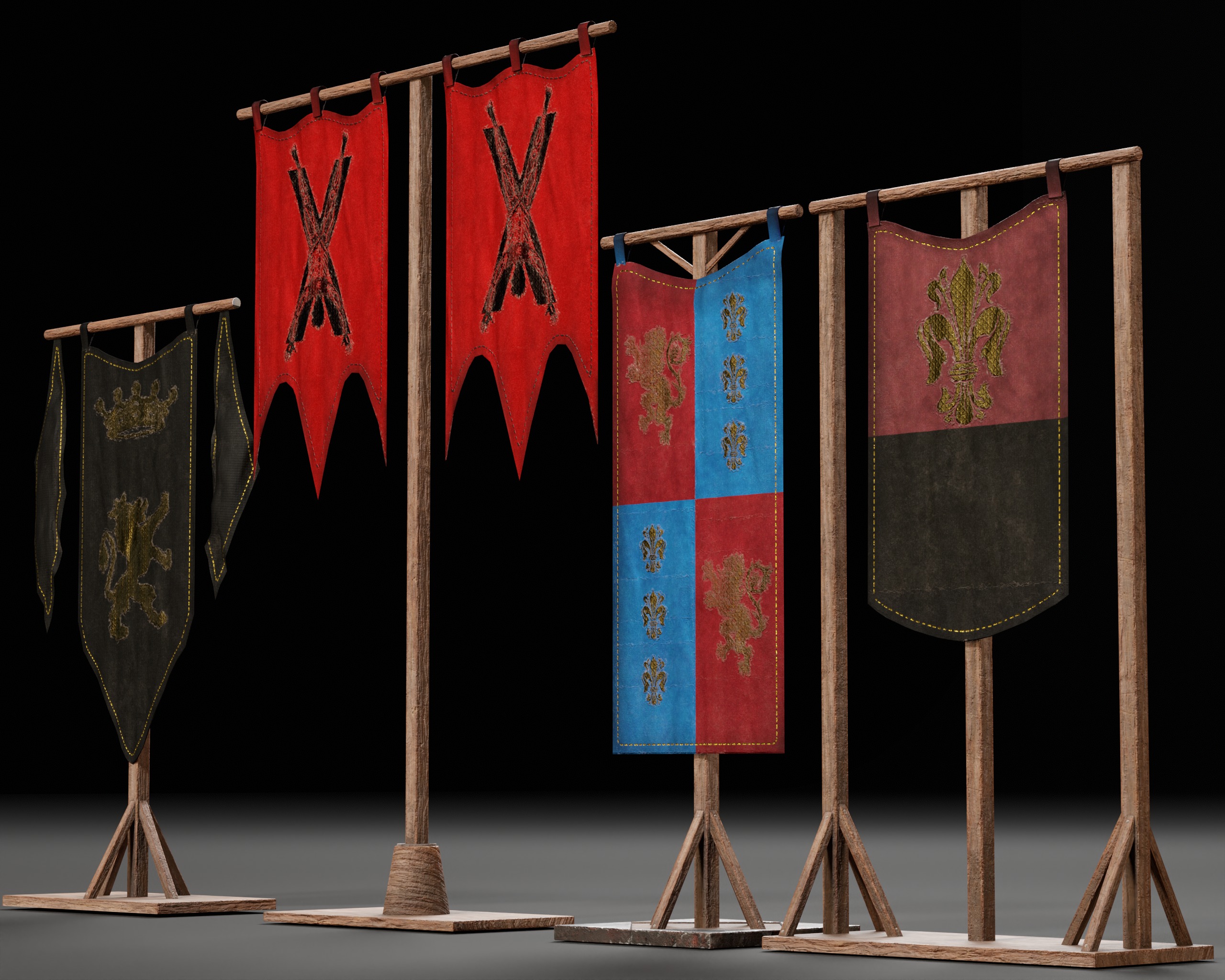 Medieval Wooden Banners Low-poly 3D model_8