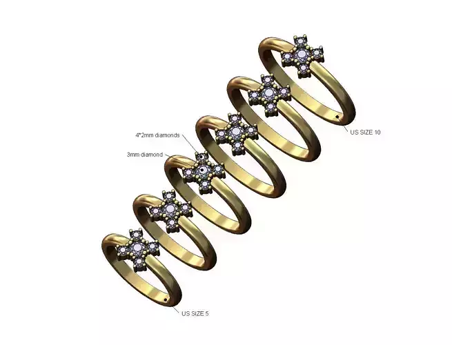 Simple 3mm 2mm diamonds square cluster ring US iszes 5to10 3D print model