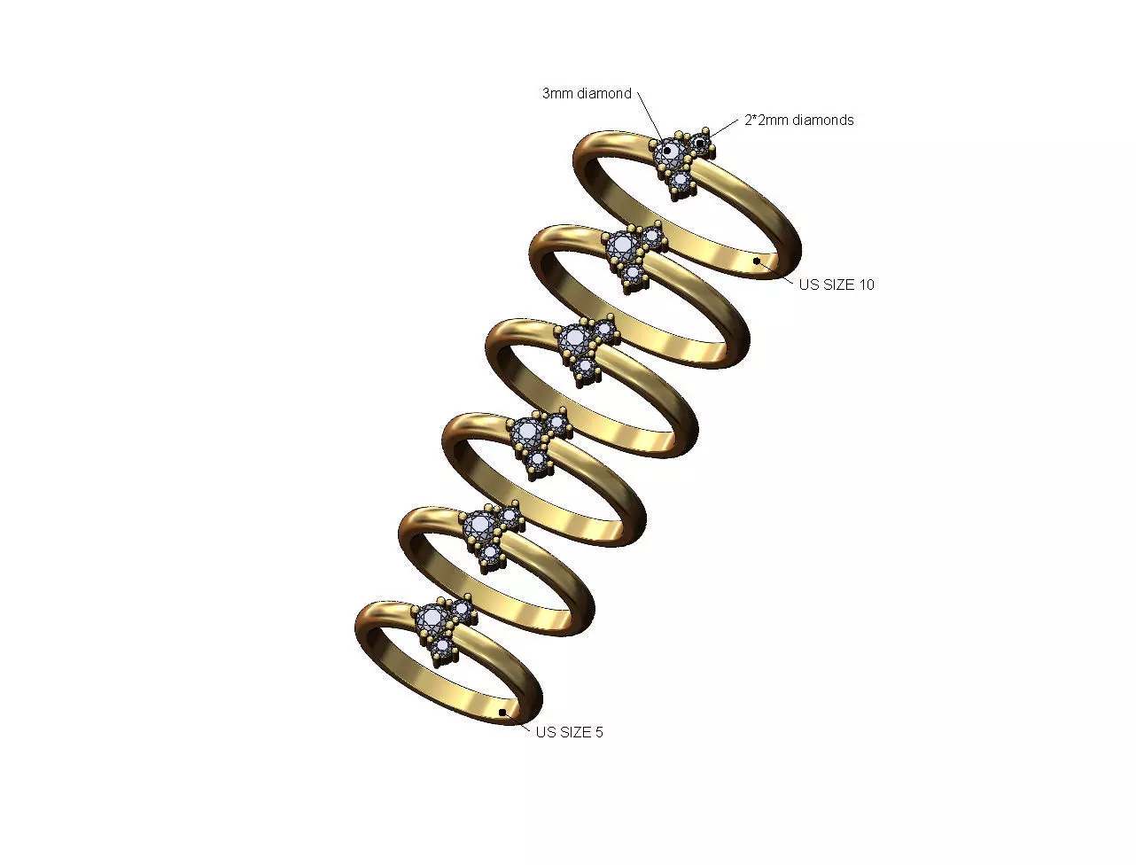 Simple 3mm 2mm diamonds triangular cluster ring 3D print model