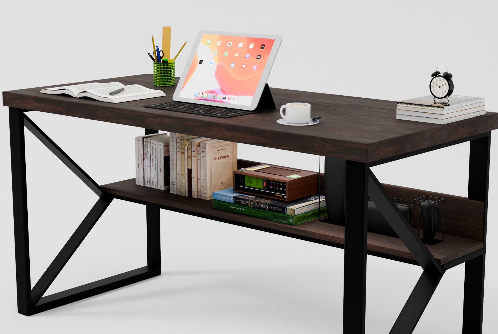 Modern Work Desk with Shelf 3D model_6