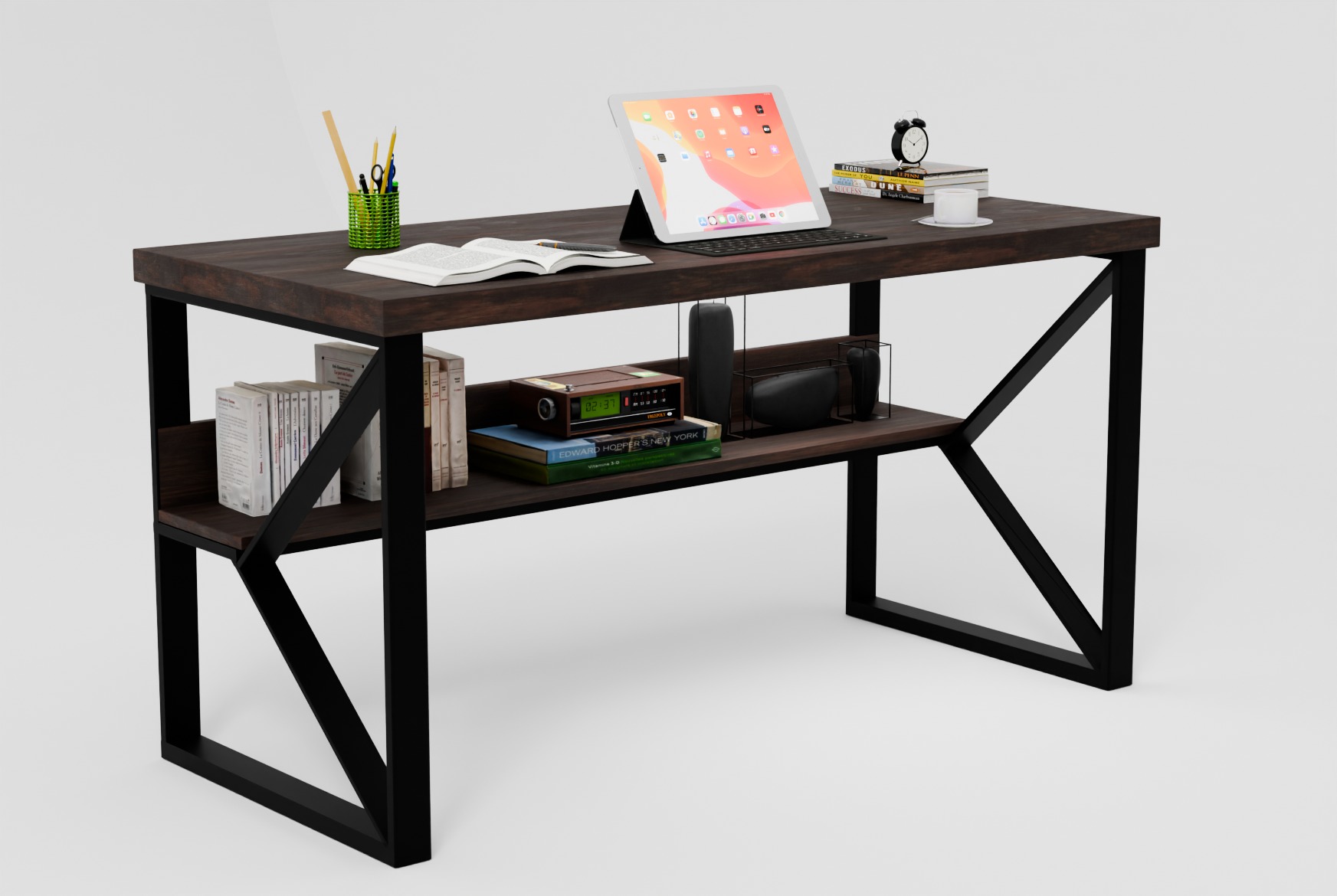 Modern Work Desk with Shelf 3D model_1