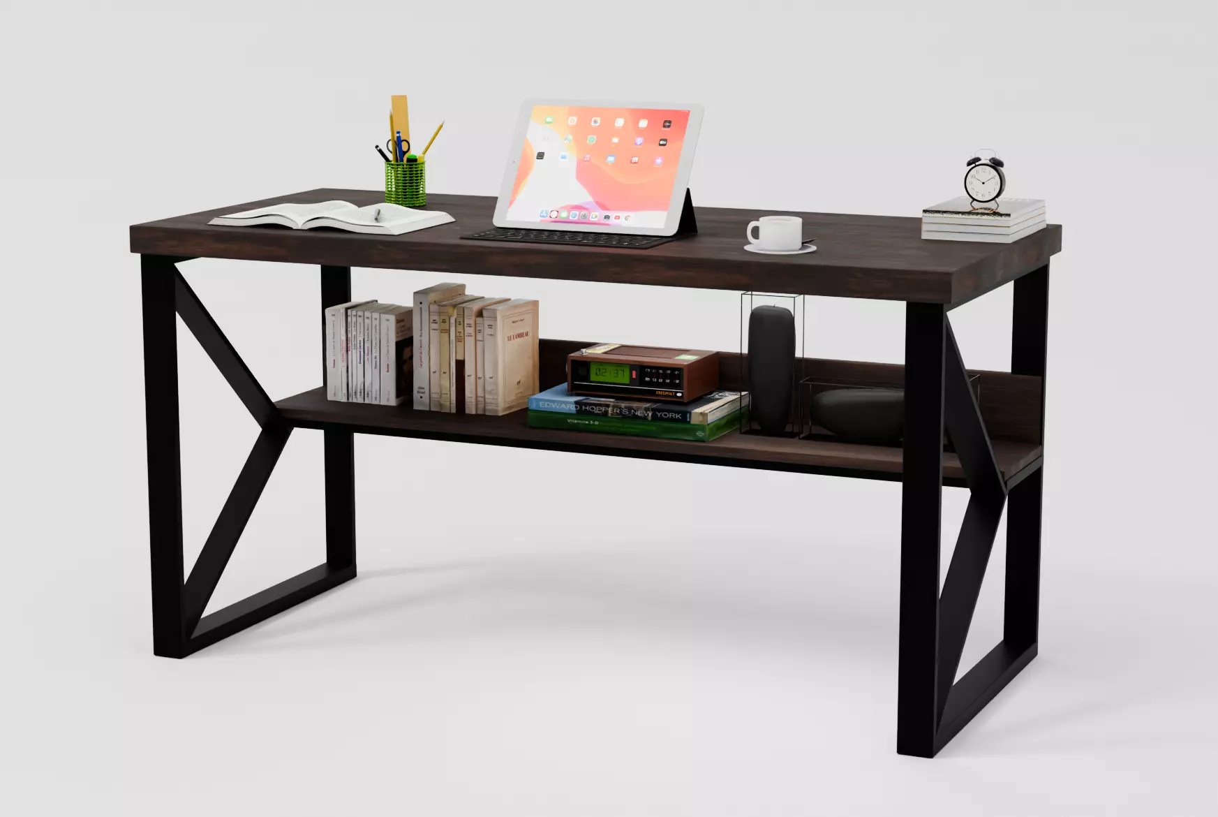 Modern Work Desk with Shelf 3D model_0